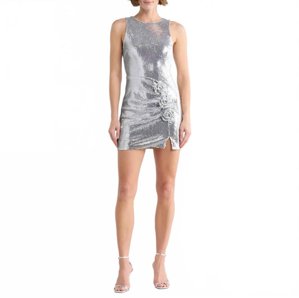 NEW AVEC LES FILLES rosette sequin dress in silver